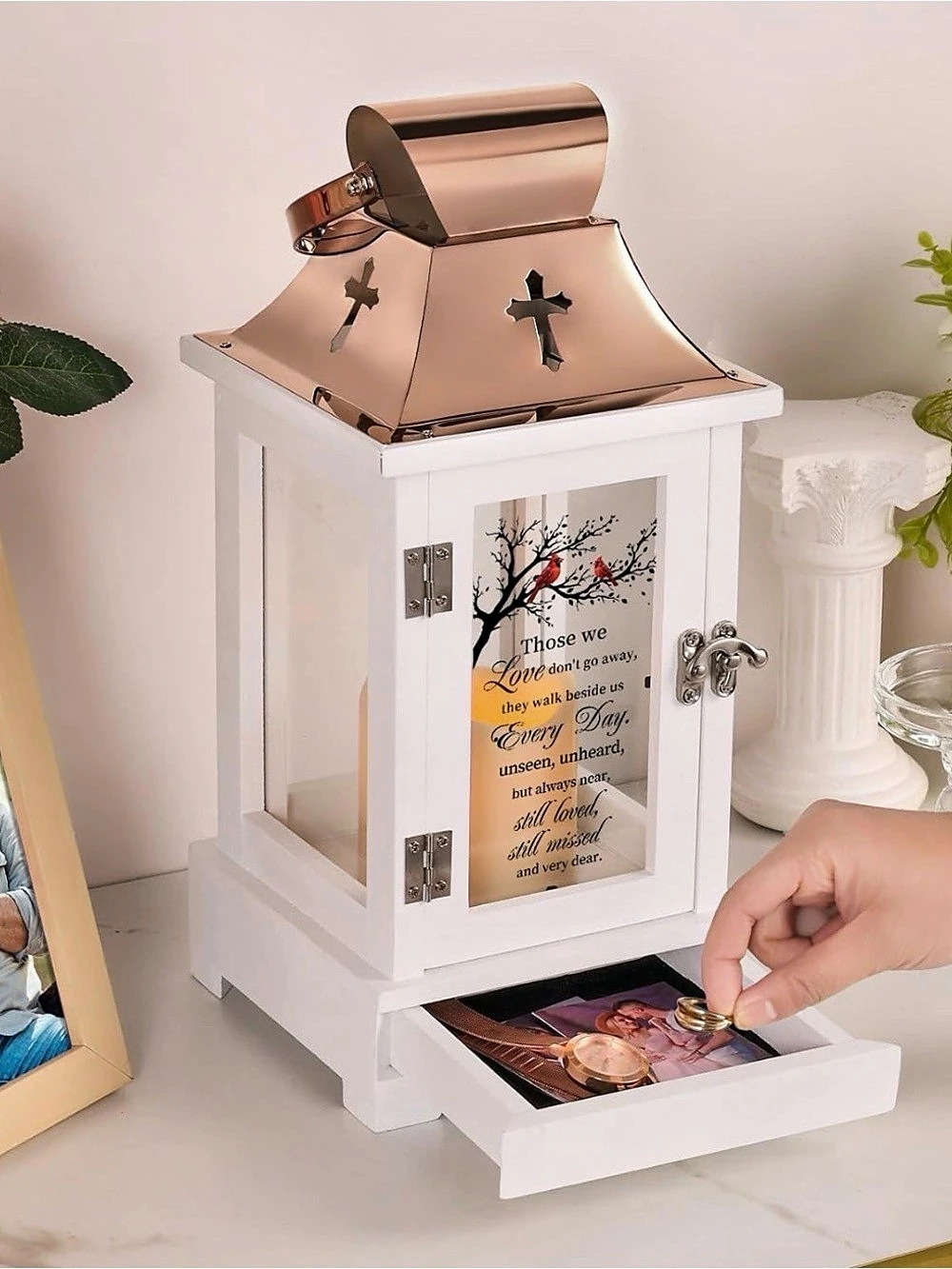 NIB Memorial Lantern with remote. Drawer for Keepsakes, Bereavement Sympathy Gif